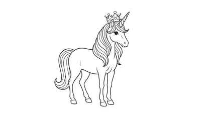 Lijntekening van een eenhoorn met een kroon vol hartjes, staand en naar rechts kijkend, klaar om ingekleurd te worden.