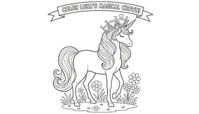 Een zwart-wit lijntekening van een sierlijke eenhoorn met gesloten ogen, versierd met een kroon vol hartjes, staand op gras met bloemen. De tekst 'COLOR LUNA'S MAGICAL CROWN!' is bovenaan zichtbaar.