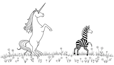Zwart-wit lijntekening van een kleurplaat met een steigerende eenhoorn links en een zebra rechts, in een veld met gras en bloemen.