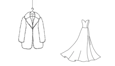 Lijntekening van een dikke, pluizige jas aan een hanger naast een elegante strapless jurk met hartvormige halslijn en wijd uitlopende rok, op een witte achtergrond.