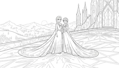 Kleurplaat van Elsa en Anna in Frozen-stijl, met een ijskasteel op de achtergrond, besneeuwde bergen en een winterse omgeving.