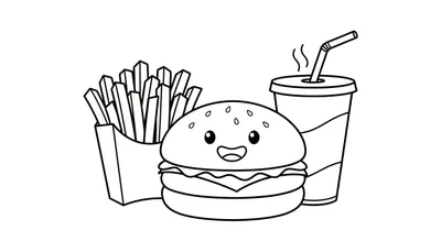 Kleurplaat van een fastfoodmaaltijd bestaande uit een bakje frietjes, een lachende hamburger met sesamzaadjes op het broodje, en een beker met een rietje en damp.