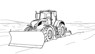 Kleurplaat van een Fendt tractor met een sneeuwschuiver, schuin van voren afgebeeld in een besneeuwd landschap.