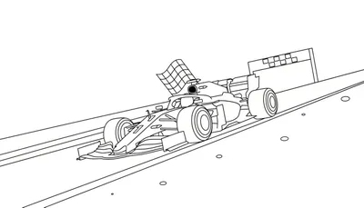 Zwart-wit lijntekening van een Formule 1 raceauto die de finishlijn passeert, met een finishvlag en finishbord.