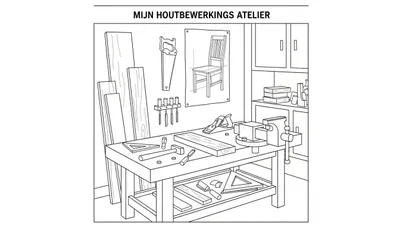 Zwart-wit lijntekening kleurplaat van een houtbewerkingsatelier met werkbank, bankschroef, gereedschap, blauwdruk en opbergkast.