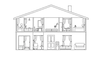 Zwart-wit lijntekening van een huis in doorsnede, met twee verdiepingen vol kamers en meubels.