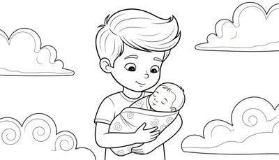 Kleurplaat van een jongen die een slapende baby vasthoudt, met wolken op de achtergrond.