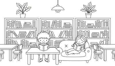 Kleurplaat van een jongen die aan een tafel leest en een meisje dat in een fauteuil leest, omringd door boekenkasten.