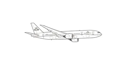 Zwart-wit lijntekening van een KLM passagiersvliegtuig in zijaanzicht, klaar om ingekleurd te worden.