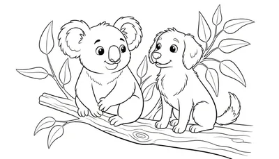 Zwart-wit kleurplaat van een vriendelijke koala en een lachende hond met hangoren, zittend op een boomtak met bladeren.