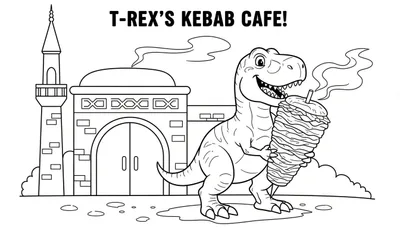 Kleurplaat van een lachende T-Rex die een grote spies met kebab vasthoudt, voor een gebouw met een koepel en minaret. Boven de afbeelding staat 'T-REX'S KEBAB CAFE!'.