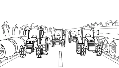 Zwart-wit kleurplaat van een landelijk tafereel met vier tractoren op een weg, omringd door hooibalen en akkers.