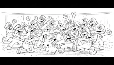 Zwart-wit kleurplaat van een menigte Luigi's en Mario's die rennen en juichen, met een Pikachu op de voorgrond.