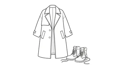 Lijntekening van een openstaande lange jas met brede revers en een paar hoge veterschoenen met losse veters, klaar om ingekleurd te worden.