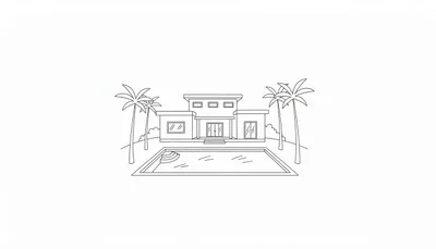 Kleurplaat van een modern huis met plat dak, grote ramen, dubbele entree, rechthoekig zwembad met treden, en vier palmbomen.