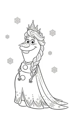 Kleurplaat van Olaf de sneeuwman met een kroon en jurk, lijkend op koningin Elsa.