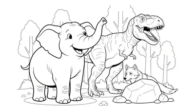 Zwart-wit lijntekening kleurplaat met een vrolijke olifant met slurf omhoog, een T-Rex met open bek, een wolf liggend achter een rots, en bomen op de achtergrond.