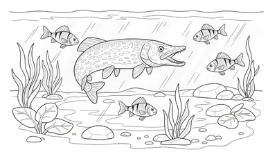 Zwart-witte kleurplaat van een onderwaterscène met een grote snoek, zes kleinere baarsjes, waterplanten en stenen op de bodem. Wateroppervlak met golvende lijn en diagonale lijnen in de achtergrond.