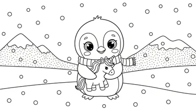 Kleurplaat van een schattige pinguïn met een gestreepte sjaal die een kleine eenhoorn vasthoudt, tegen een achtergrond van besneeuwde bergen en vallende sneeuwvlokken.