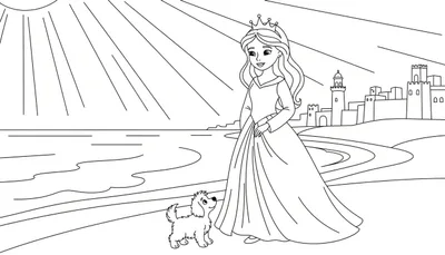 Zwart-wit kleurplaat van een lachende prinses met kroon en lange jurk, staand naast een opkijkende pluizige hond op een pad. Op de achtergrond een kasteel en een zon met stralen.