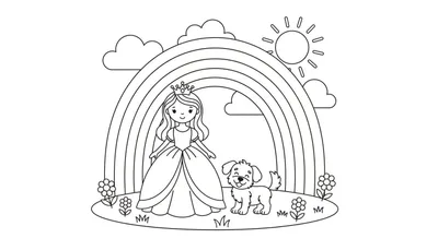 Kleurplaat van een prinses met kroon en jurk, naast een blij hondje, met een grote regenboog, wolken, zon en bloemen op de voorgrond.