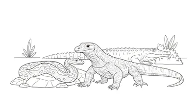 Kleurplaat met een grote Komodovaraan vooraan, een opgerolde slang links op stenen en een krokodilachtige rechts in begroeiing.