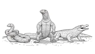 Zwart-wit lijnschets van een opgerolde slang, een staande hagedis en een krokodil op een witte achtergrond met een gesuggereerde zanderige ondergrond.