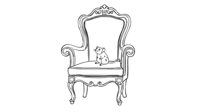 Zwart-witte lijntekening van een grote, versierde stoel met een kleine muis op de zitting.