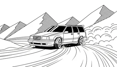 Zwart-wit kleurplaat van een sportieve stationwagen die drift met opstuivend materiaal, tegen een achtergrond van gestileerde bergen.