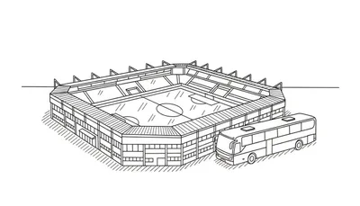 Zwart-witte lijntekening kleurplaat van een sportstadion met tribunes en een sportveld, naast een geparkeerde passagiersbus. De grond is gearceerd.