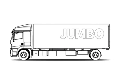 Zwart-witte lijntekening van een vrachtwagen in zijaanzicht, met een trekker en oplegger, en het woord 'JUMBO' op de zijkant van de oplegger.