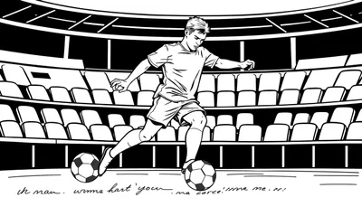 Zwart-witte illustratie van een jonge voetballer die met twee ballen tegelijk dribbelt in een groot, leeg voetbalstadion met witte stoelen.