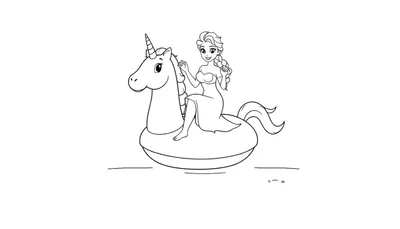 Kleurplaat van een lachende vrouw met lang haar in een vlecht, zittend op een opblaasbare eenhoorn op het water.