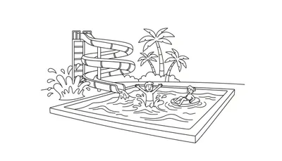 Zwart-wit lijntekening van een waterglijbaan en zwembad met kinderen die spetteren en ontspannen.