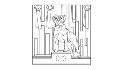 Zwart-wit lijntekening van een grote, gespierde hond op het hoogste trede van een erepodium, met linten en rozetten op de achtergrond.