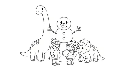 Kleurplaat met een langnekdinosaurus, een sneeuwpop, een jongen en een meisje die elkaars hand vasthouden, en een Triceratops, allemaal genietend van een winterse dag.
