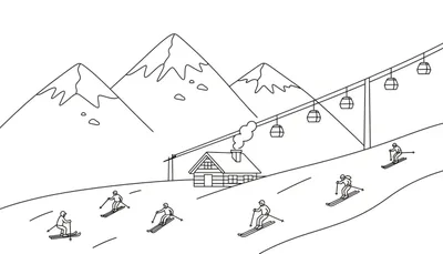 Zwart-wit kleurplaat van een winters berglandschap met bergen, een skihut, skilift met gondels, skiërs op een skipiste en ski-sporen.