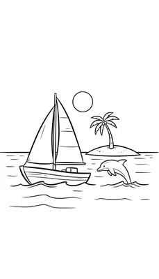 Kleurplaat van een zeegezicht met een zeilboot op het water, een dolfijn die uit het water springt, een eilandje met een palmboom en een cirkel die de zon of maan voorstelt.
