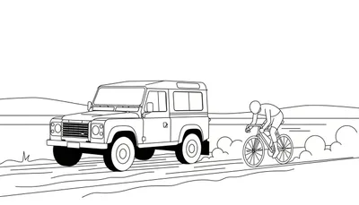 Zwart-wit kleurplaat van een Land Rover Defender en een racefietser die samen over een stoffige zandweg rijden, met glooiende heuvels op de achtergrond.