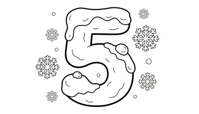 Kleurplaat van een dik omrand cijfer 5 bedekt met sneeuw, omringd door sneeuwvlokken en kleine cirkels.