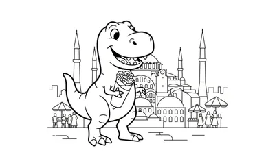 Zwart-wit lijntekening van een vrolijke T-Rex dinosaurus met een snack, staand voor een Istanbul-achtig stadsgezicht met markt. Kleurplaat.