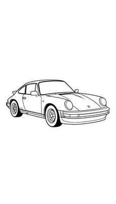 Zwart-wit kleurplaat van een klassieke sportwagen in Porsche 911 stijl, driekwart vooraanzicht, met ronde koplampen en spaakvelgen.