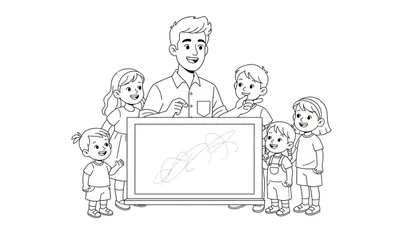 Kleurplaat van een lachende man in een overhemd die met zijn rechterhand naar een schoolbord wijst, omringd door vijf blije kinderen.