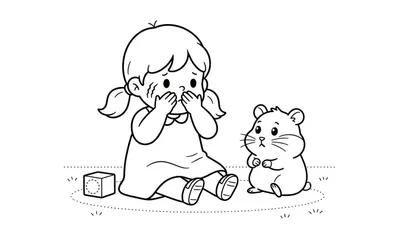 Zwart-wit lijntekening van een klein meisje met vlechtjes die op de grond zit met haar handen voor haar mond en neus, kijkend met grote ogen. Naast haar zit een kleine hamster rechtop. Er is ook een blokje met een cirkelpatroon. De figuren bevinden zich in een afgebakend gebied.