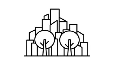 Zwart-wit lijntekening van een stadssilhouet met twee gestileerde bomen op de voorgrond.