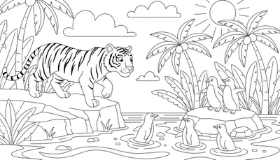 Zwart-wit lijntekening van een kleurplaat met een tijger die op rotsen loopt en zes pinguïns in tropisch water, omringd door palmbomen, bladeren, zon en wolken.