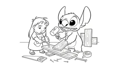 Kleurplaat van Lilo en Stitch die samen timmeren. Stitch slaat met een hamer op een spijker, Lilo doet hetzelfde met een geconcentreerde blik. Rondom liggen houten planken, spijkers, een zaag, plakband en een meetlint.