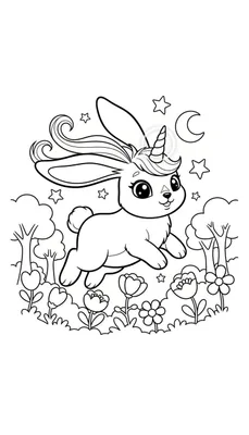 Zwart-wit lijntekening van een cartoonachtig konijntje met een eenhoornhoorn en golvende manen, springend door de lucht boven bloemen, bomen, sterren en een maansikkel.