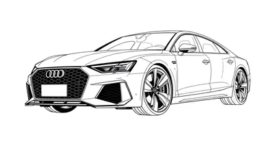 Lijntekening van een moderne, sportieve Audi vanuit een driekwart vooraanzicht, klaar om ingekleurd te worden. De auto heeft een gedetailleerde honingraatgrille met het Audi-logo, scherpe koplampen en een sportieve velgen.