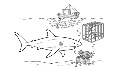 Kleurplaat van een onderwaterscène met een vissersboot, school visjes, haai, duiker in kooi, en een schatkist vol goud.